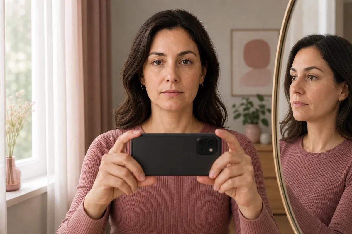 person taking a level front-facing lip reference photo in even daylight