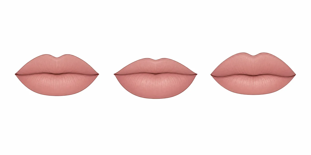 three simplified lip outlines comparing balanced volume, a fuller lower lip, and a fuller upper lip