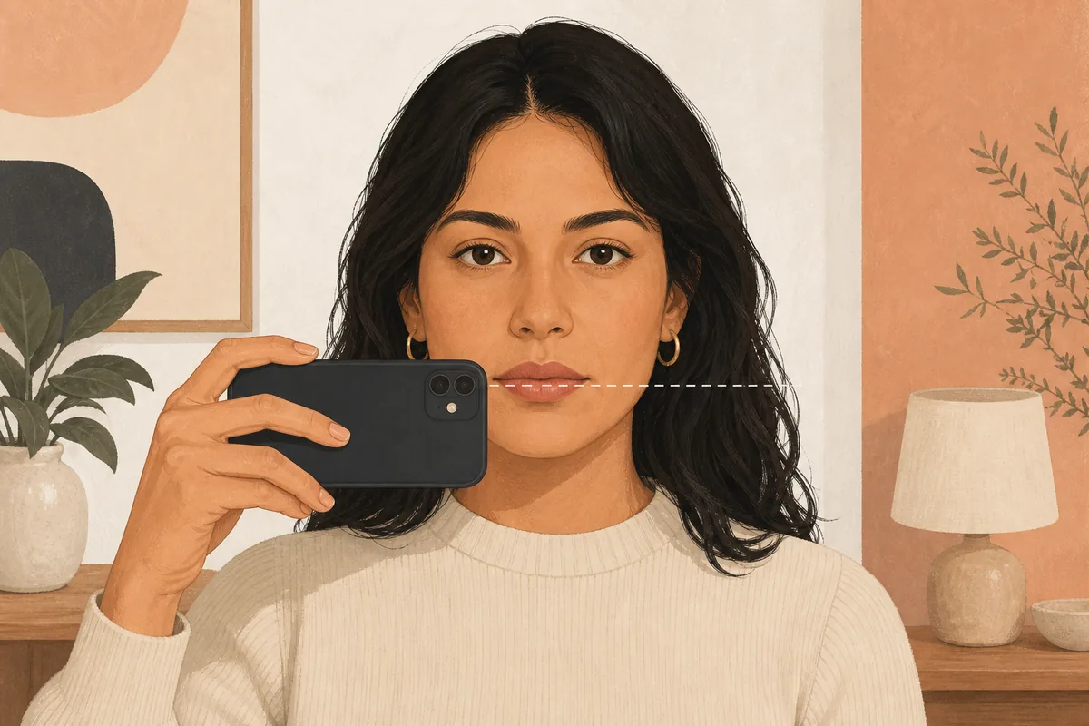 person holding a phone at mouth level for a neutral lip-shape reference photo