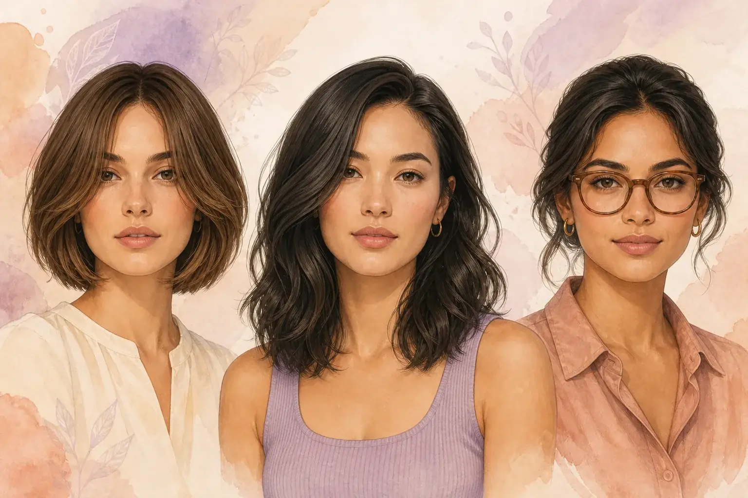 Ejemplos editoriales de peinados y gafas equilibradas para un rostro alargado