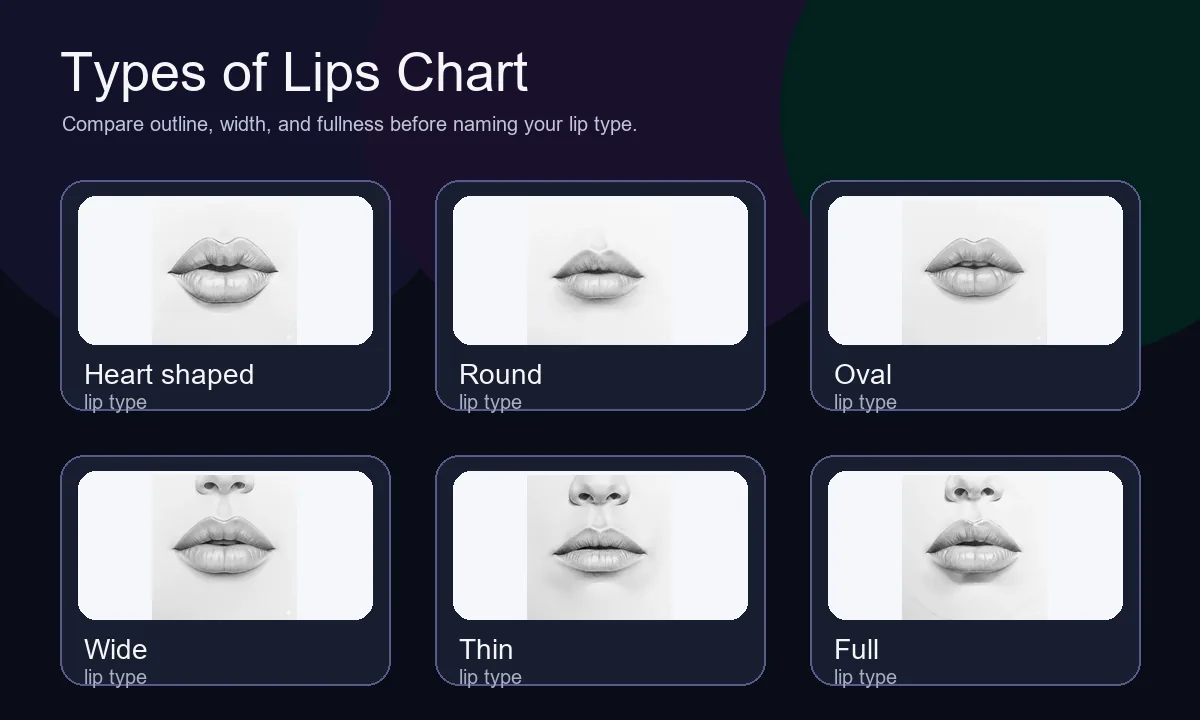 Tabla de tipos de labios con labios de corazón, redondos, ovalados, anchos, finos y carnosos