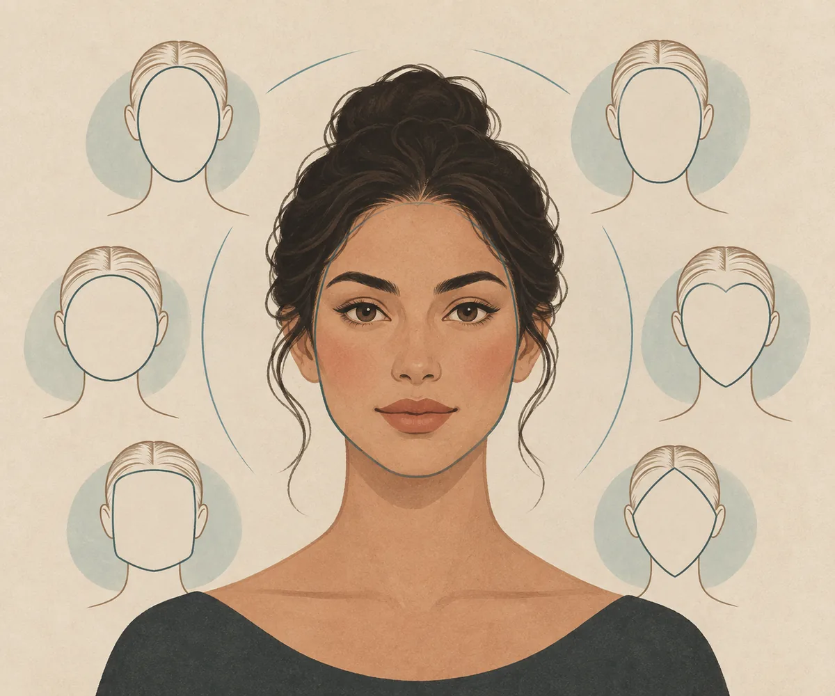 Ilustración editorial que compara un rostro con varios contornos de formas faciales